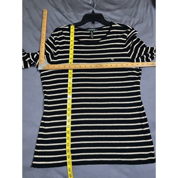 Lauren Ralph Lauren Top Womens Sz XL Black Gold Metallic Sparkle Stripe LS Shirt - Picture 6 of 9